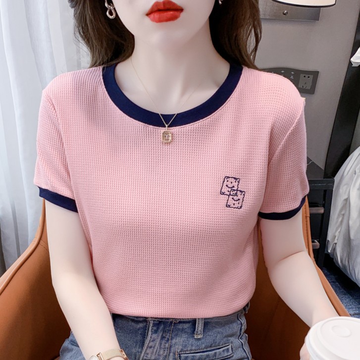 撞色短袖T恤女修身圆领体恤上衣