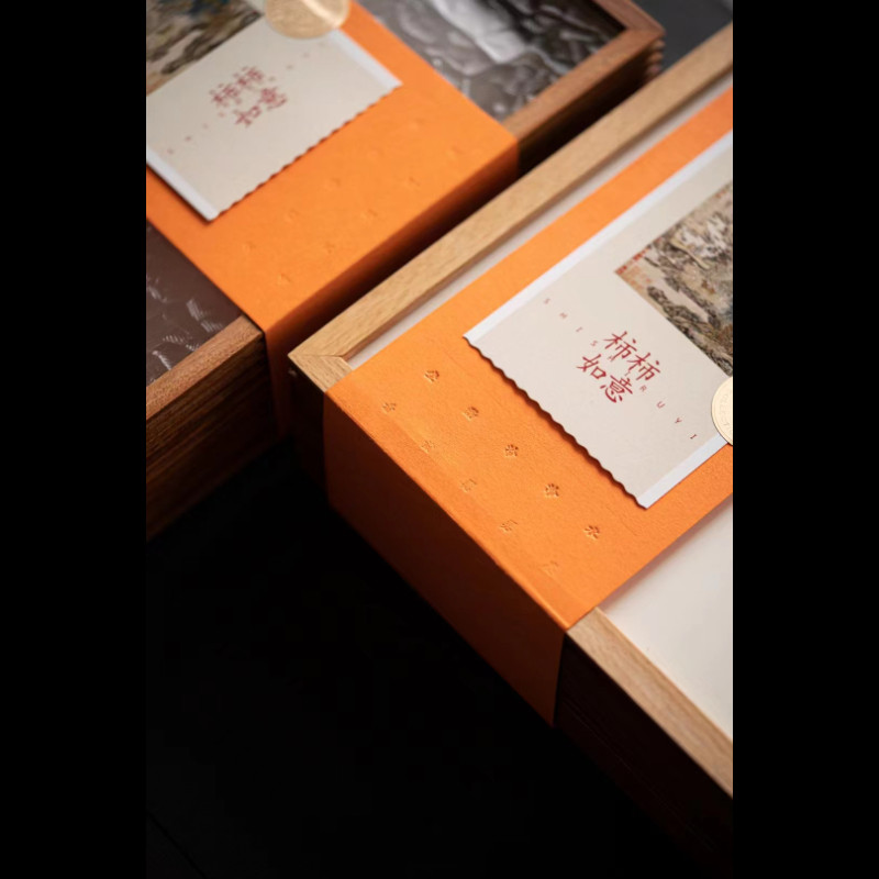 品柿柿如意木盒 榉木画框 乌檀木镶嵌玻璃单饼盒 单饼加散茶盒