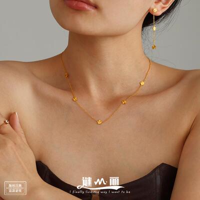 谜丽小花朵锁骨链流苏耳环套装不锈钢PVD电镀18K真金气质时尚首饰