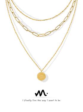 欧美百搭冷淡风英文字母圆牌吊坠项链跨境热销钛钢材质锁骨链饰品