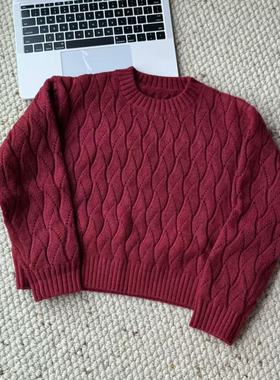 熙爱2025冬季新品女童麻花镂空针织圣诞红圆领套头加厚毛衣11243