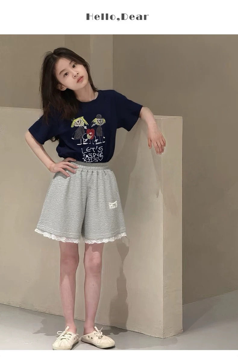 2025中大女童韩系百搭蕾丝花边宽松松紧腰五分轻薄卫裤25208