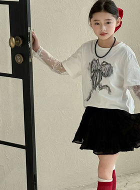 熙爱2025早春芭蕾风假两件拼接蕾丝烫钻印花长袖T恤25861