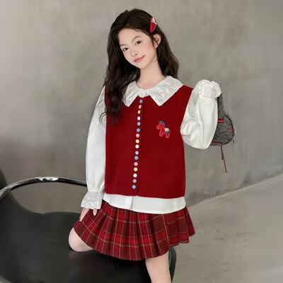 熙爱2026年款女童新款中大童韩版年款小马彩色扣毛衣马甲266102