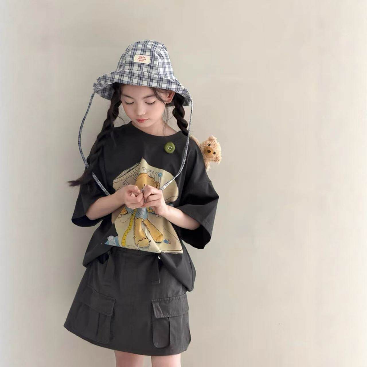 女童春夏新款2026中大童韩版卡通小熊印花立体公仔短袖T恤266206