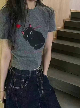 熙爱2025夏季新品中大女童韩版卡通小猫正肩百搭短袖T恤25969