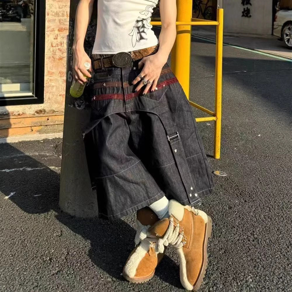 胖mm美式vibe街头重工牛仔裤女大码夏季bf顶珠拼接宽松阔腿七分裤