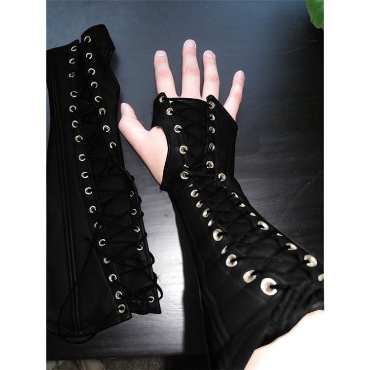 Leather long gloves with eyelets and lace-up wrist guards