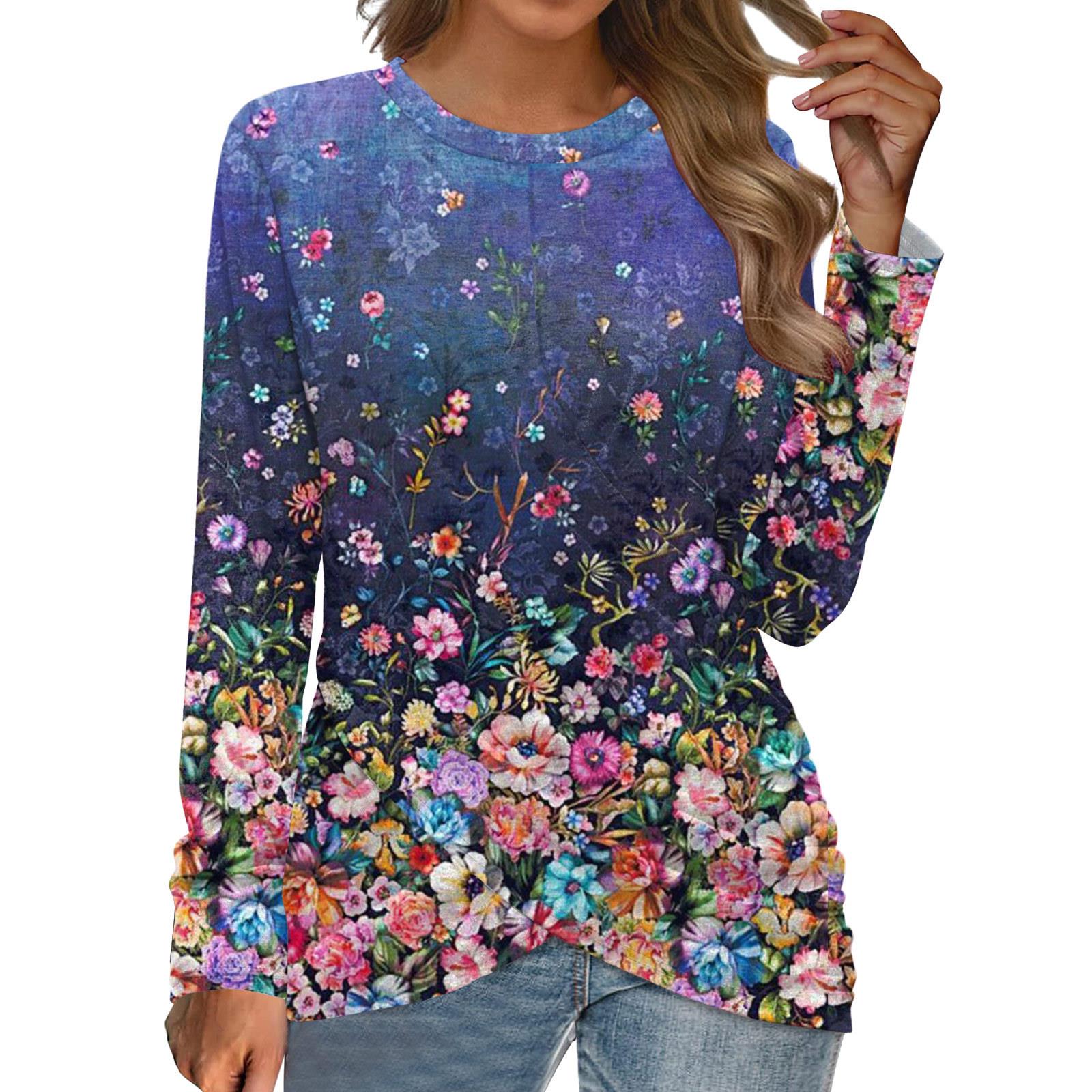 womens flower painted printing round neck long sweatshirt