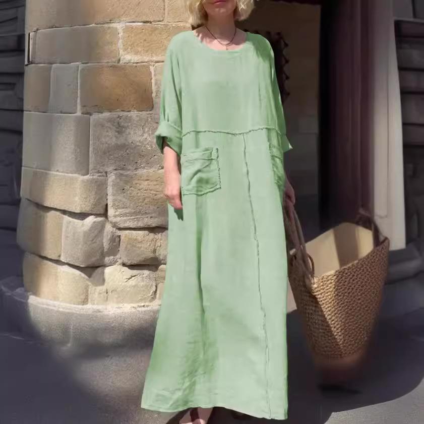 Womens neck sleeve dress and double side round cotton linen