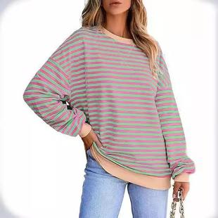 Waist Sleeve Shirt Contrast Striped Pullover Top Sweater