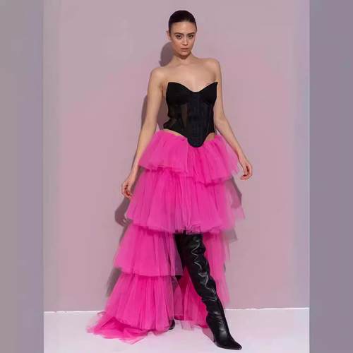 High waist elastic band casual mesh puffy women's skirt