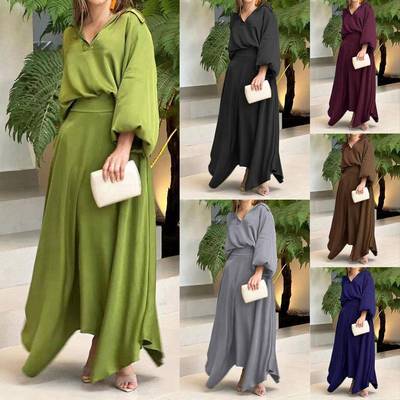 Set Skirt Maxi Waist High Top Sleeve Long Color Solid Size