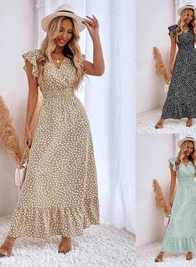 Womens V-neck waist long dress with lotus leaf sleeves and