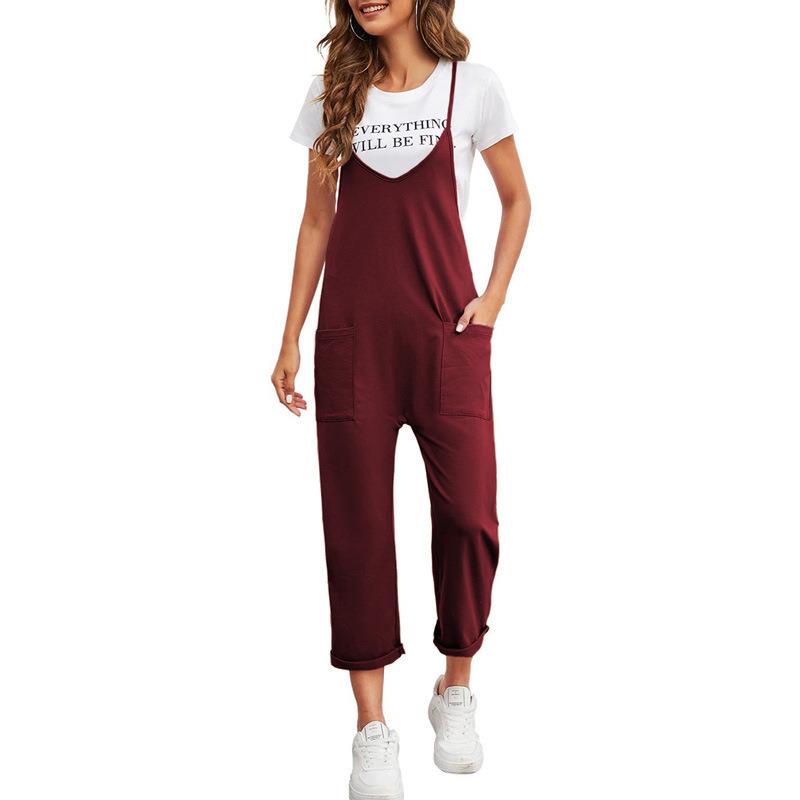 Jumpsuit Straight Suspender Loose Color Solid Pants Pocket