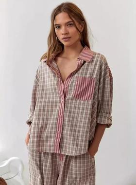 autumn womens pajamas loungewear checked button long