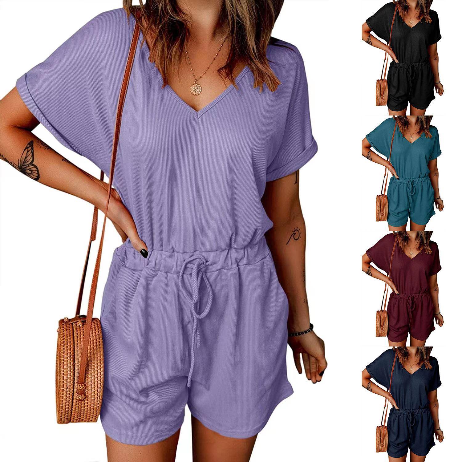 Women's casual V-neck flip sleeve pocket jumpsuit