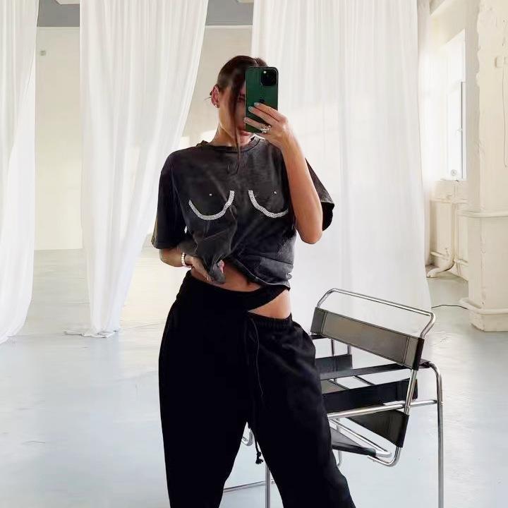 T-shirt versatile solid Personalized diamond round simple