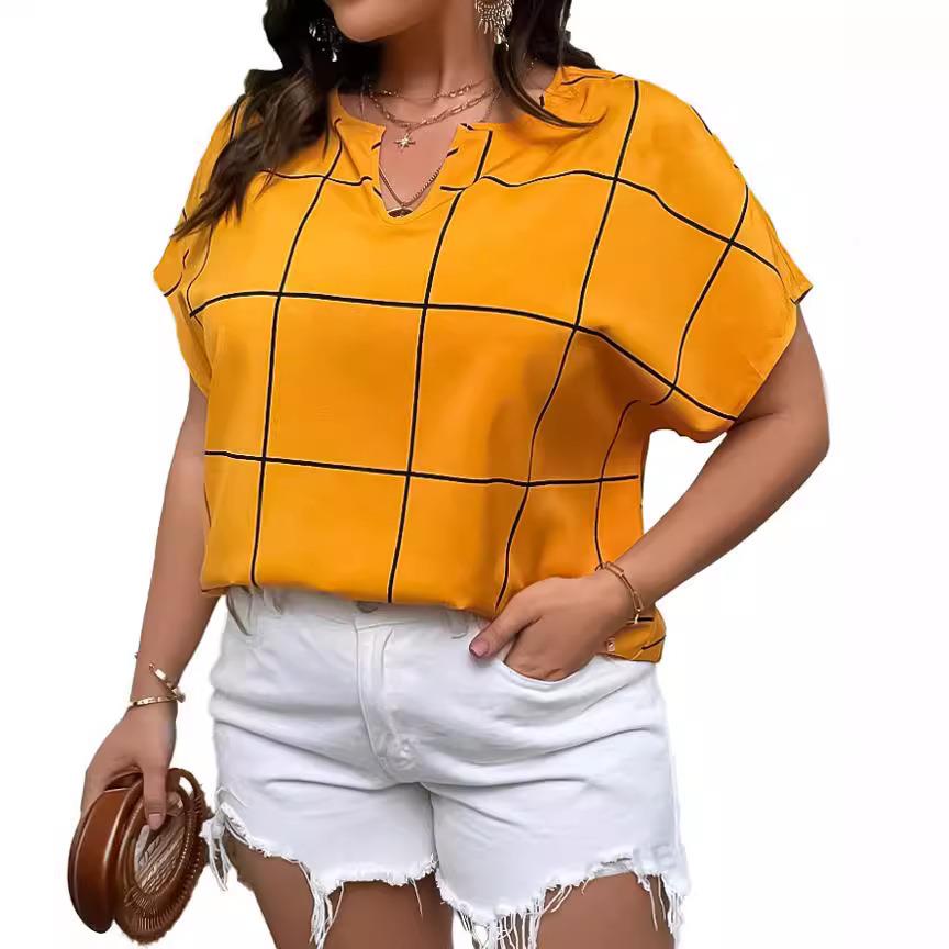 Large size plaid T-shirt short-sleeved shirt notch collar