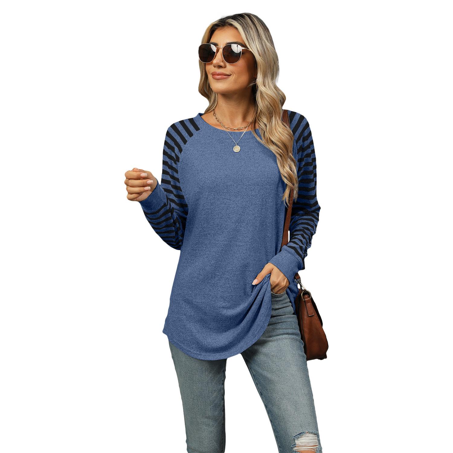 neck color top striped round sleeve swallowtail stitching