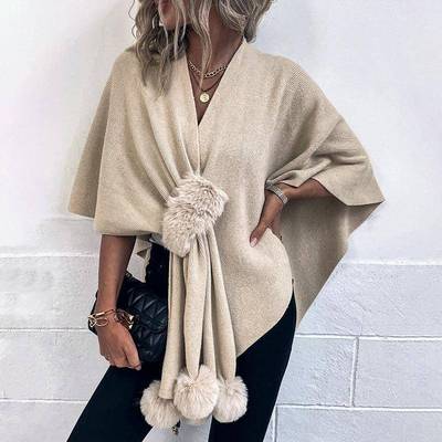 womens knitted cape solid color ball shawl wool Drizzle