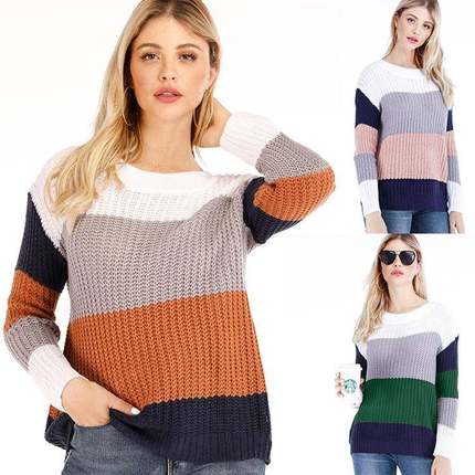 autumn and winter new contrasting striped pullover sweater