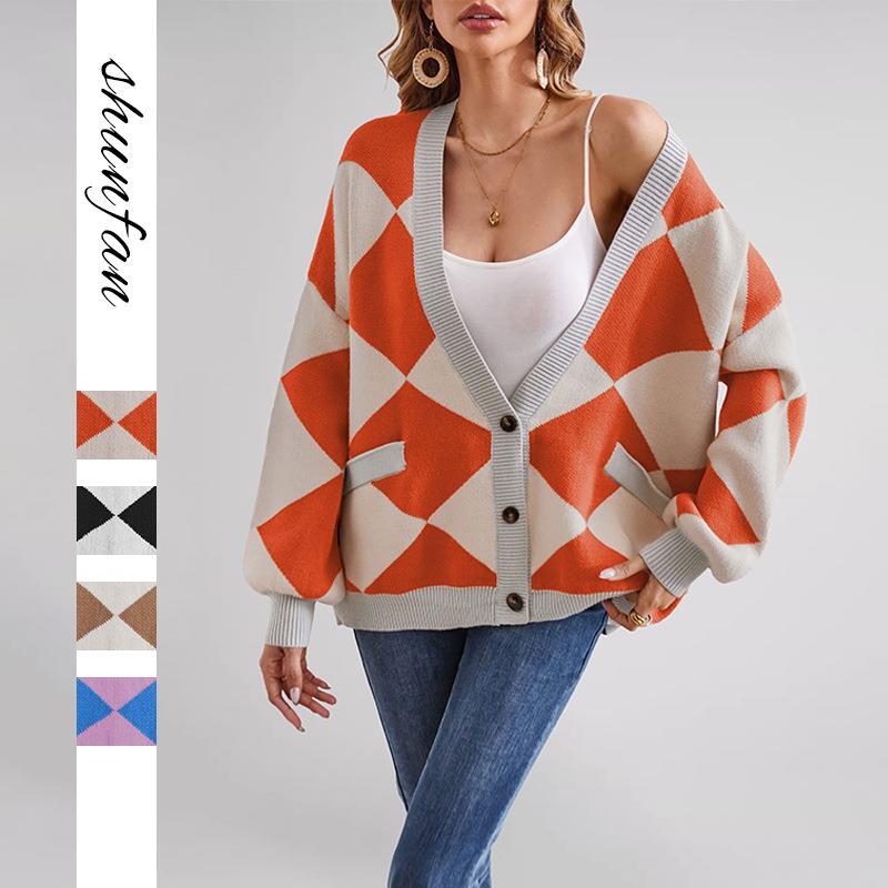 women for jacket cardigan knitted loose color contrast