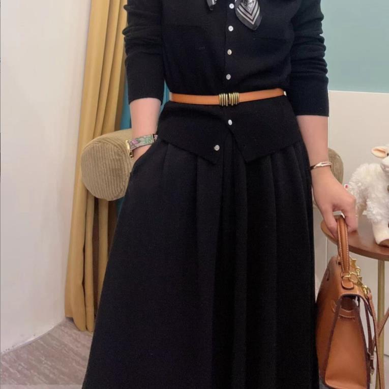 pleated womens knitted pocket color skirt loose all-match