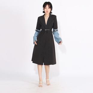 women for coat trench long slim waist color contrast