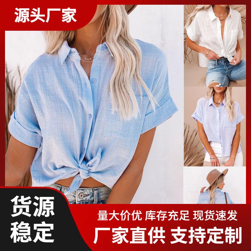 Womens cotton and linen cardigan shirt short sleeve ladies