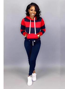 size hooded autumn women outfit sweatsuits pants striped