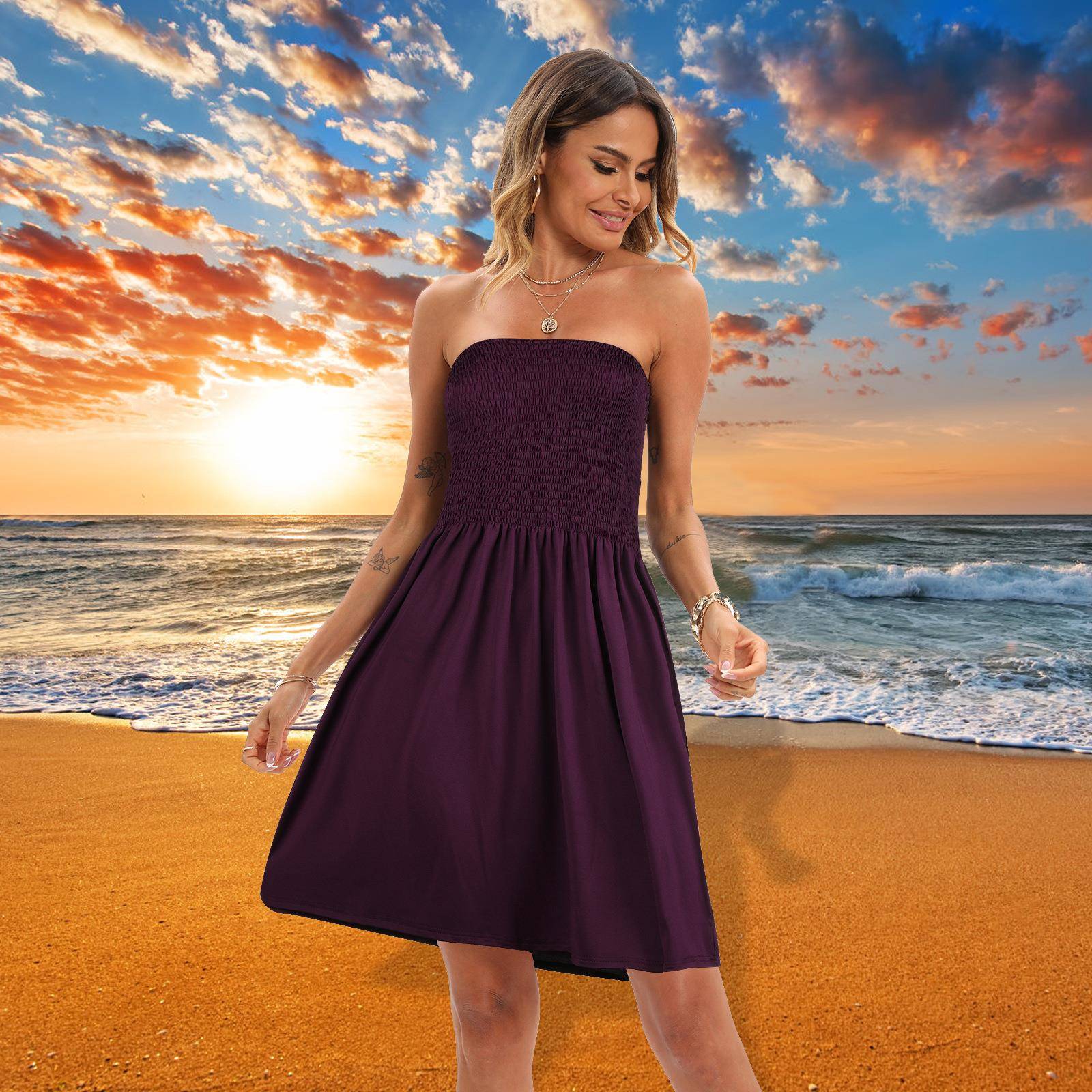 Beach dress floral mid-length Bohemian strapless tube top