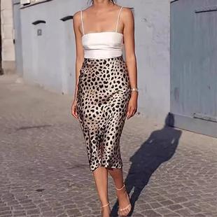 Womens Leopard Print Skirt High Waist Invisible Zipper Midi