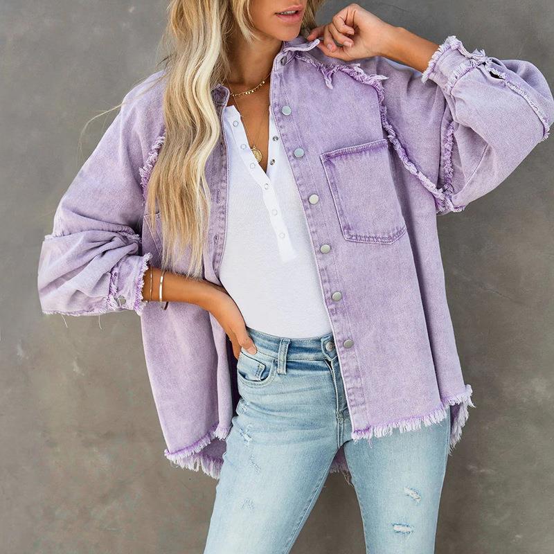 Womens jacket loose raw denim washed edge sleeve mid-length