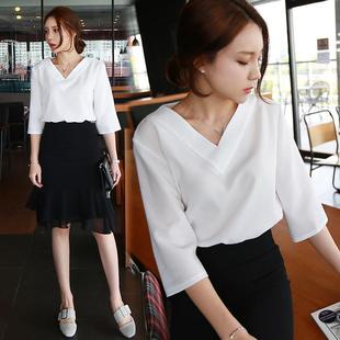 shirt neck loose versatile mid top women length for