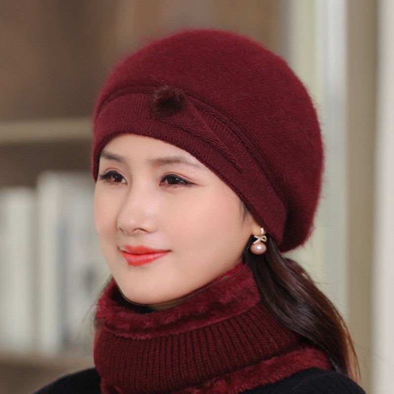 妈妈优雅毛线帽子女加绒冬季中老年人护耳朵带围脖加厚防寒针织帽