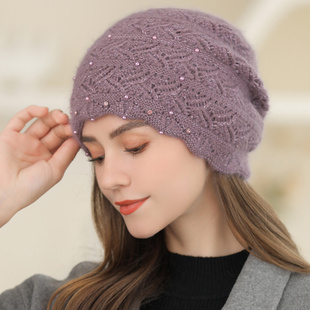 贝雷帽子女秋冬韩版百搭毛线帽双层保暖护耳老人帽中老年冬帽冷帽