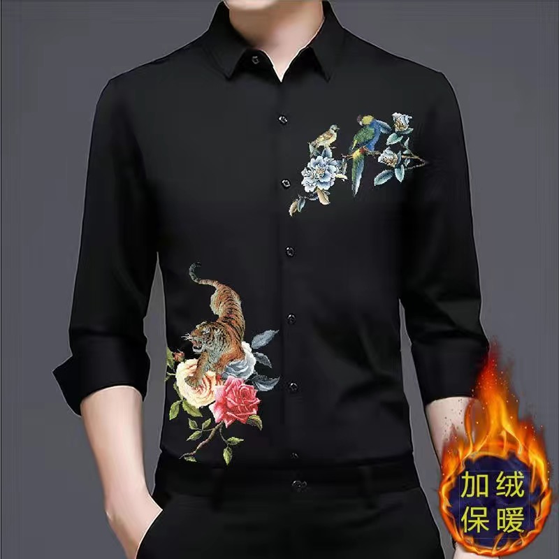 男士长袖衬衫短袖印花中国风中年韩版网红款刺绣衬衣加绒加厚春秋