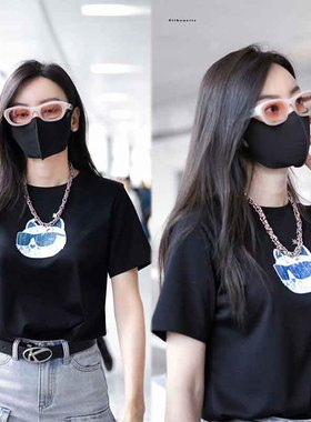 天赐的声音于文文同款黑色圆领套头猫咪印花T恤百搭短袖纯棉上衣