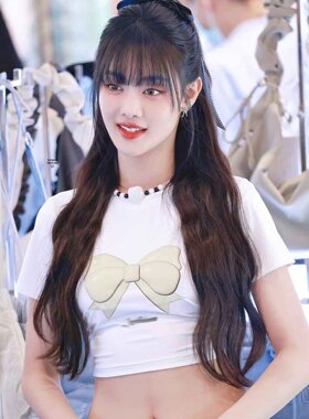 Minnie金米妮同款黄色蝴蝶T恤纯棉圆领印花短款辣妹夏季修身上衣