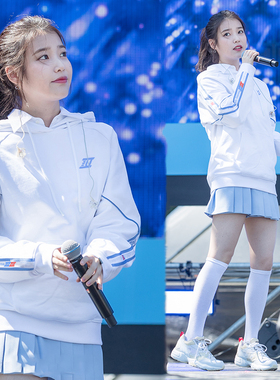 IU李知恩明星同款韩版白色拉条织带字母印花宽松口袋连帽长袖卫衣