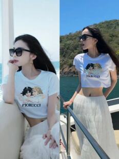 女纯棉上衣夏季 修身 ins潮流 百搭T恤天使图案印花短款 古力娜扎同款