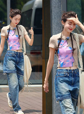 古力娜扎同款旅行任意门卡其色小众图案印花纯棉设计感女短款T恤