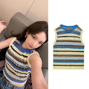 程潇明星同款条纹撞色夏季针织马甲背心女无袖透气弹力复古感上衣