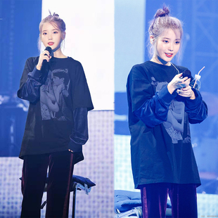 IU李知恩同款光州演唱会上衣圆领原宿风中袖印花宽松短袖chicT恤