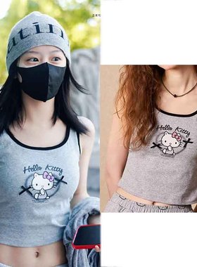 包上恩同款辣妹背心女helloKitty印花修身内搭短款灰色无袖上衣夏