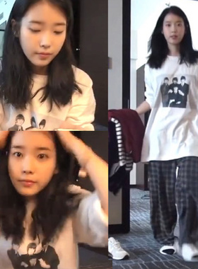 IU李知恩同款韩版德鲁纳酒店上衣宽松圆领长袖人物印花chicT恤女