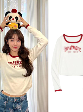 徐梦洁明星同款美式复古字母印花长袖T恤女装春秋百搭显瘦上衣韩