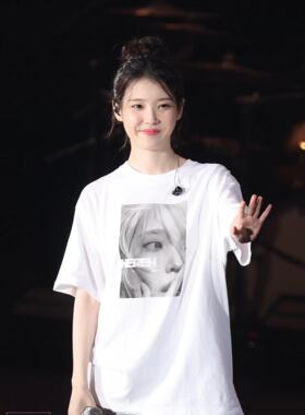 IU李知恩大阪像素印花宽松T恤男女周边演唱会宽松百搭纯棉弹力T恤