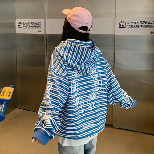 美式复古街头潮流十字条纹印花开衫连帽秋季外套高级轻奢男女外套